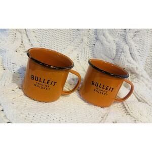 X2 BULLEIT Mug Orange Enamel Metal Black Rim & Frontier Whiskey Logo Camping